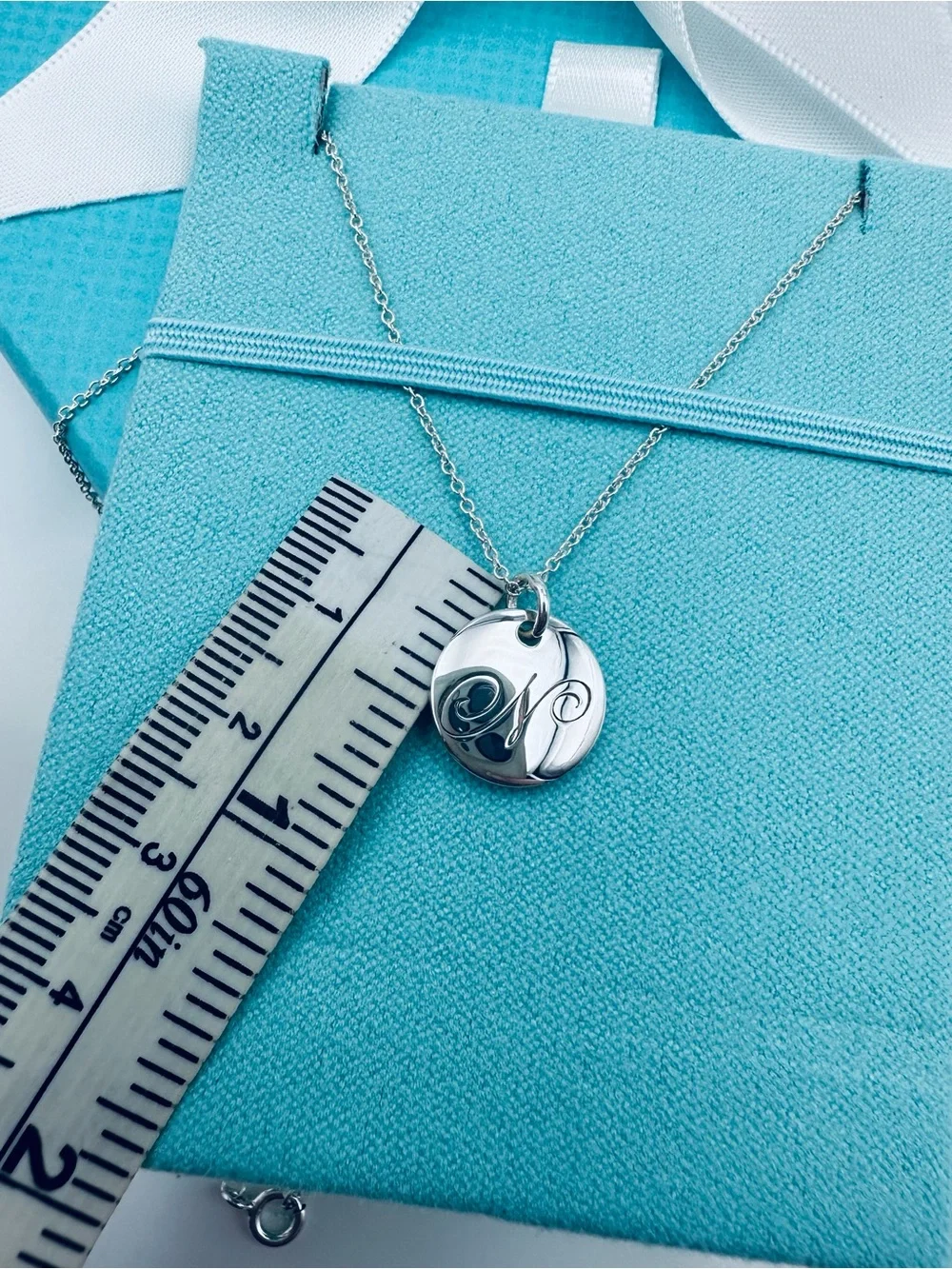 Tiffany & Co. Retired Notes Letter N Disc Charm Necklace 16” in Silver Packaging